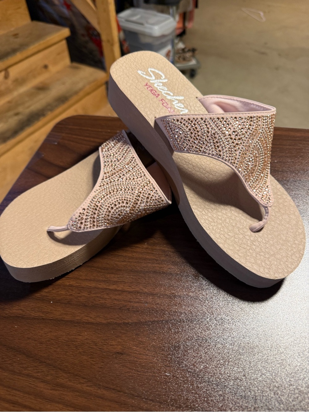 Skechers Blush Pink Rhinestone Wedge Thong Sandals